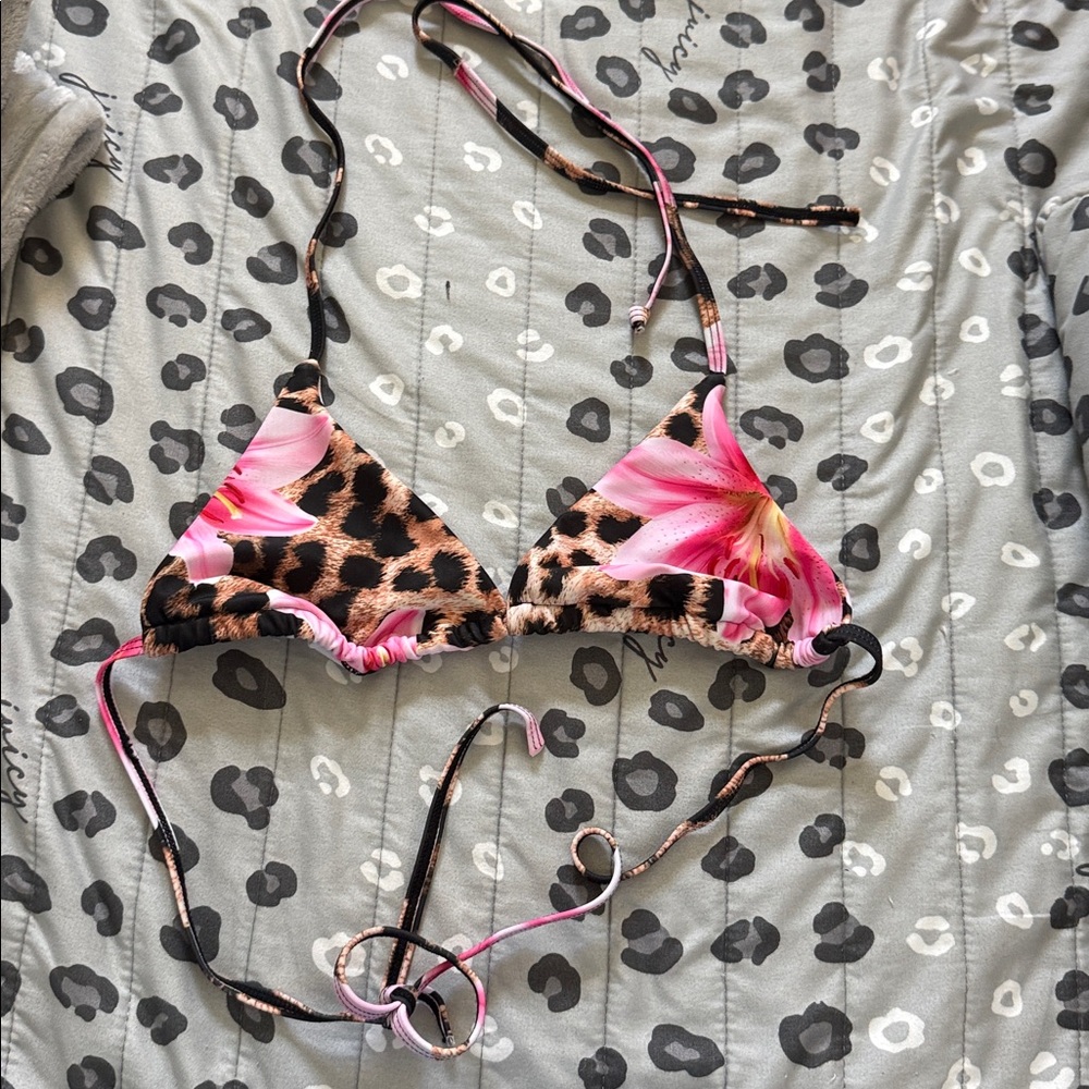 Leopard Print Bikini Top with Pink Floral Accents